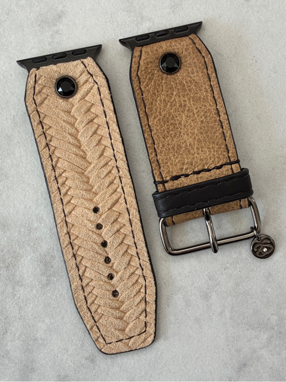 Spark*l Beige “Unbreakable” & Tan Leather Sivella Apple Watch Band - Size 2